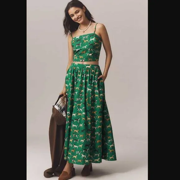 New M Maeve x Anthropologie Dog Print straight neck crop tank top in green - Picture 2 of 9